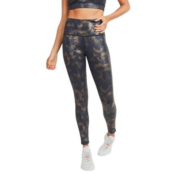 Mono B PETITE Black Gold Snake Foil Print High Waisted Leggings XS - Picture 4 of 6